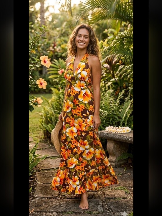 Hawaiian Dresses & Skirts - Vintage Hawaiian Cotton Orange Retro Green Floral Halter Maxi Dress US 8 10